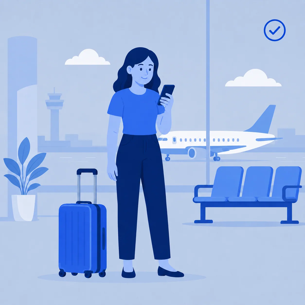 Passageira no aeroporto verificando seu caso pelo celular, com mala ao lado e selo de garantia